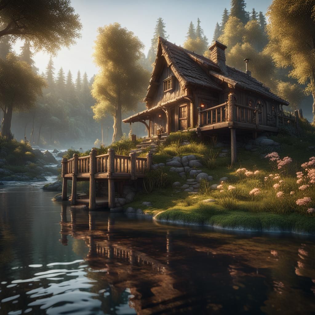 Cabin in the woods by a river - AI Generated Artwork - NightCafe Creator