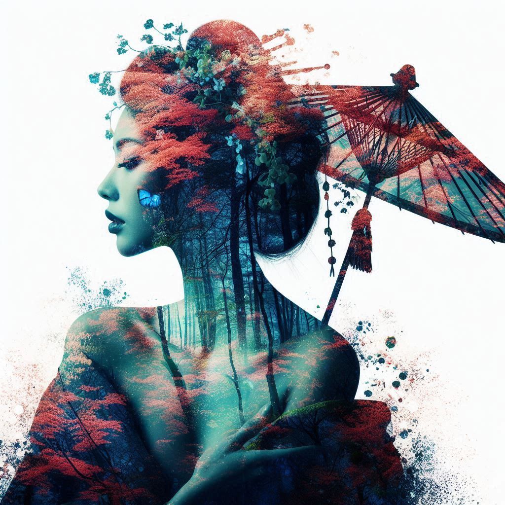 double exposure beautiful fantasy DALL-E 3 portrait landscape..