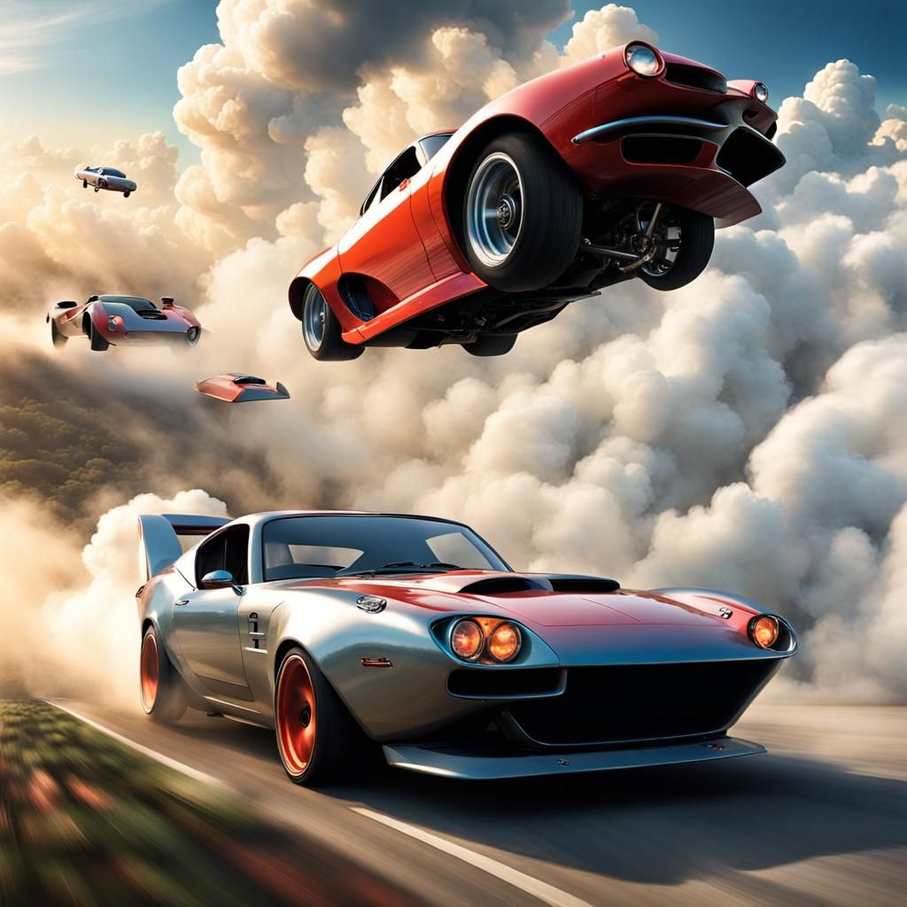 An epic and realistic depiction of a fantasy car race in a magical ...