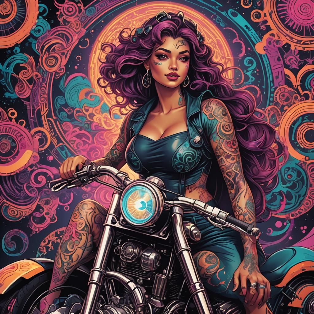 Wizardess on Motorcycle in Synthwave Retro Style