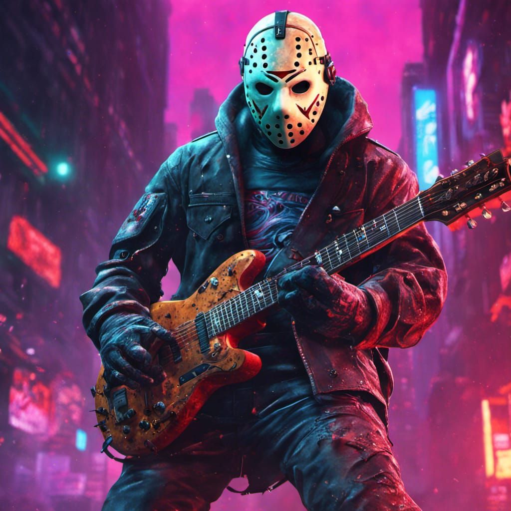 Jason Voorhees in cyberpunk outfit playing electric guitar AI