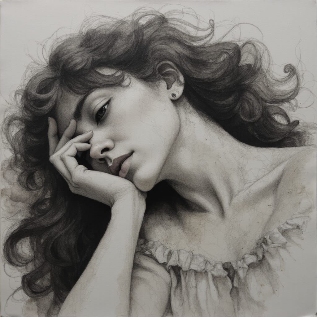 intensely realistic charcoal portrait illustration woman reclining, closeup life study, chiaroscuro lighting,  in the style of Richard Burle...
