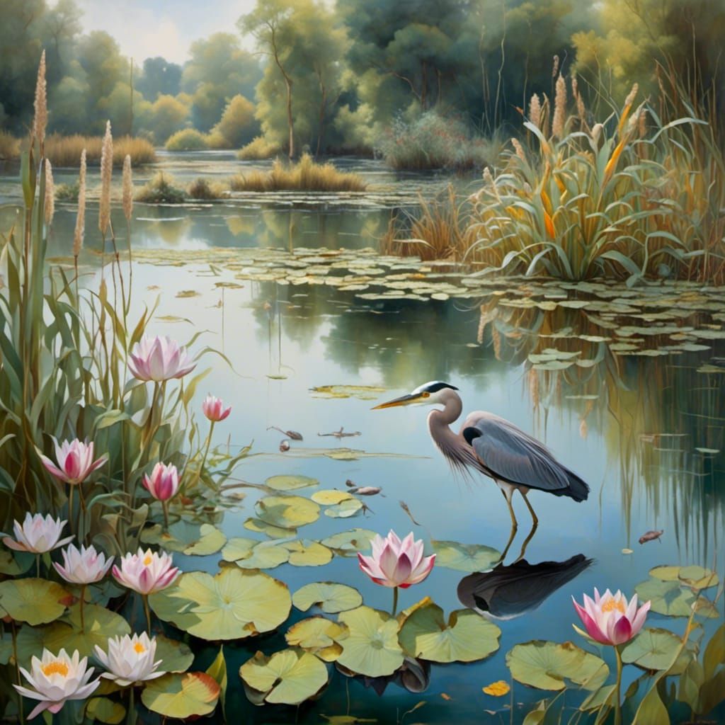Detailed painting of various pondlife in a gorgeous pond ful...