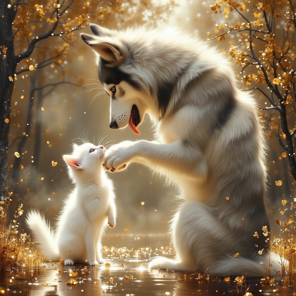 Husky Plays with Kitten in Dreamy Digital Oil Paints