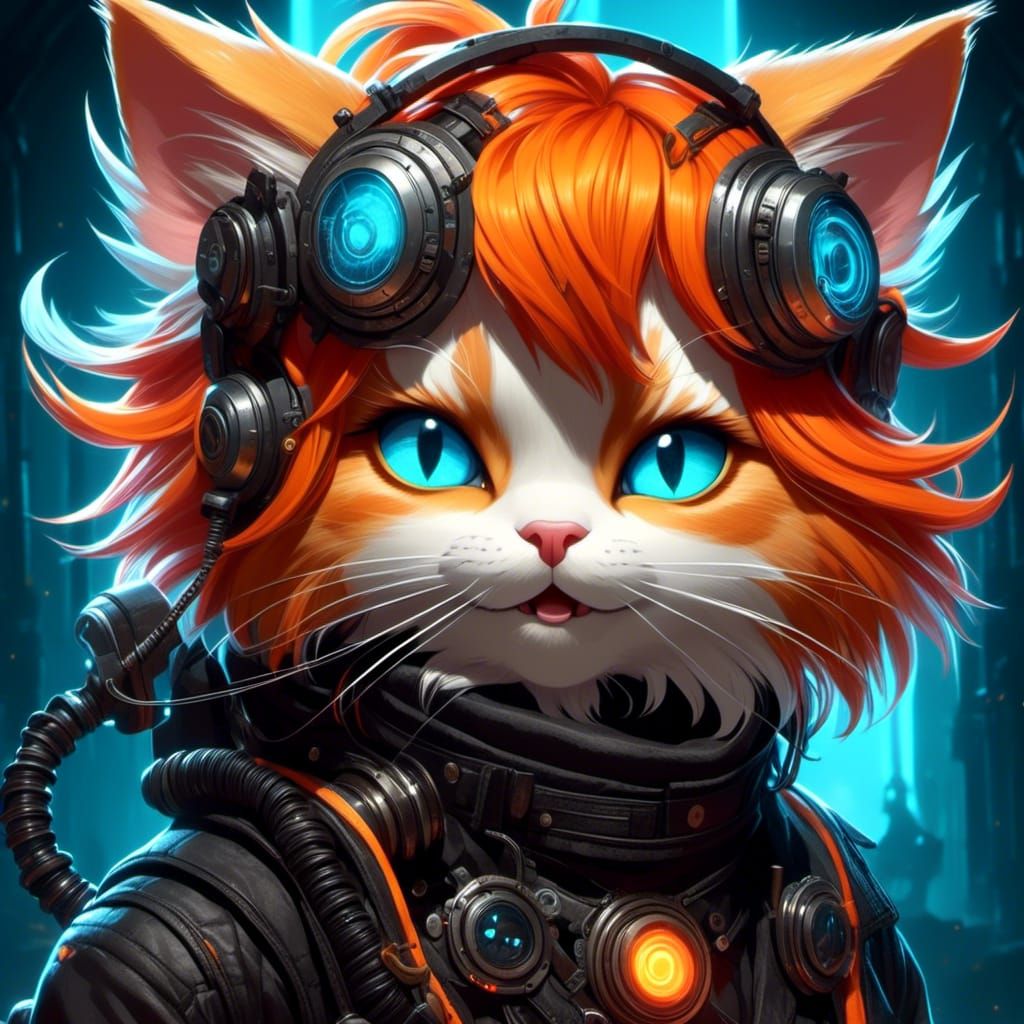  portrait of cat, with glowing black and orange hair, 