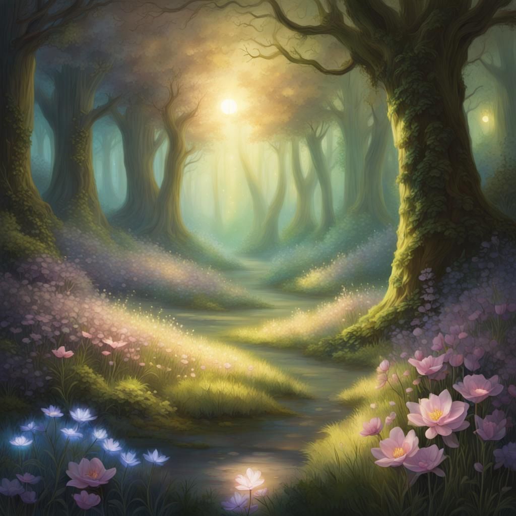 Luminara Glade, An ethereal meadow bathed in the soft glow of celestial
