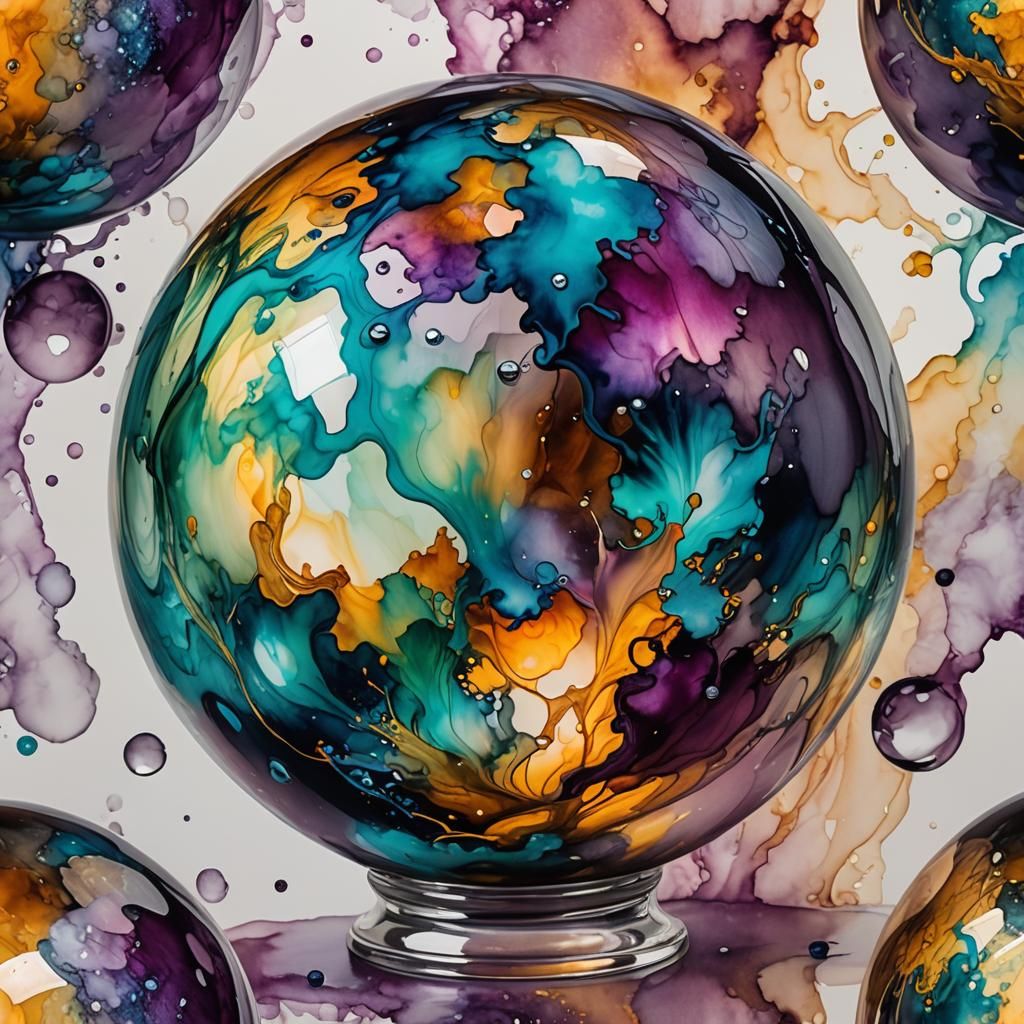 Intricately detailed alcohol ink illustration, a glass spher...