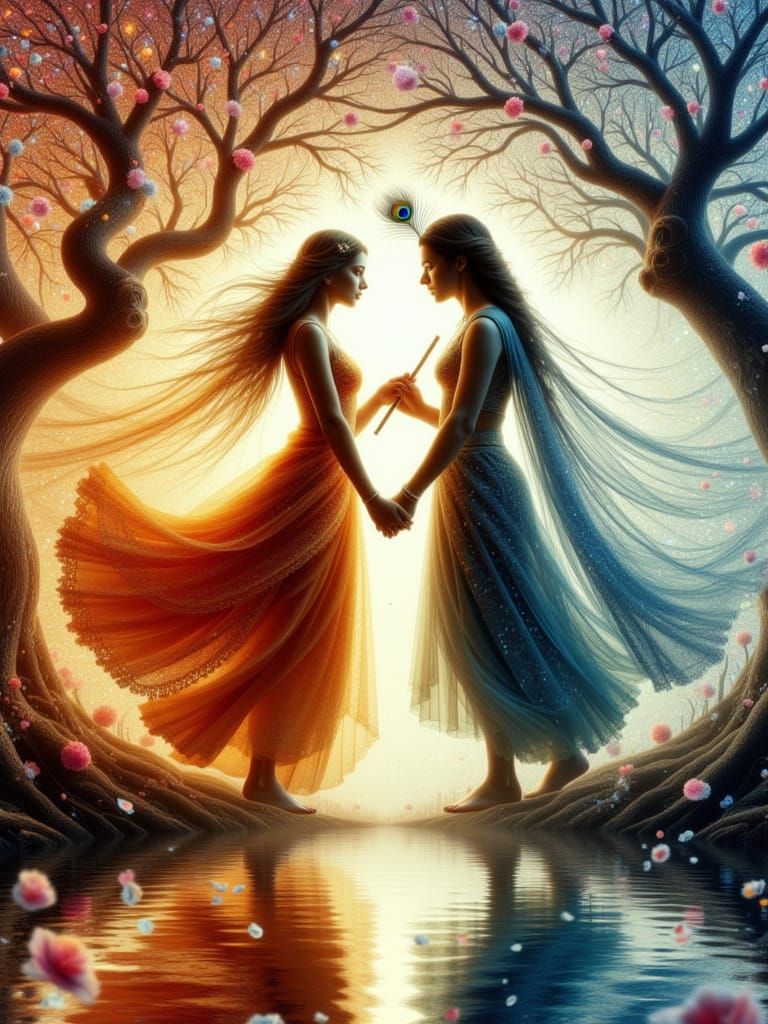 Surreal Double Exposure of Radha and Krishna in Vibrant Atti...