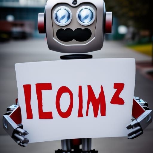 Cute robot with a mustache holding a sign