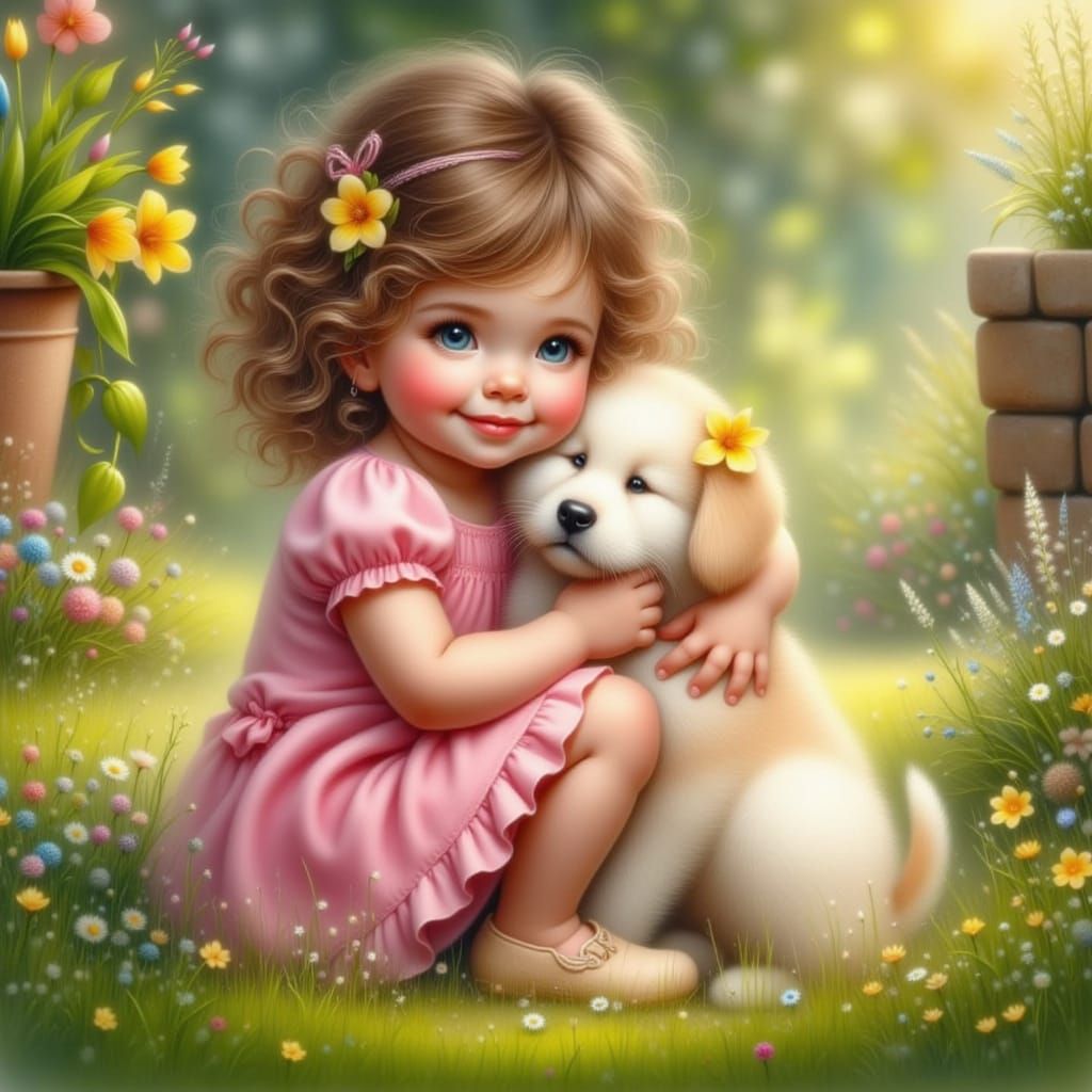 Child Cuddles Puppy on Lush Grass in Watercolor Style