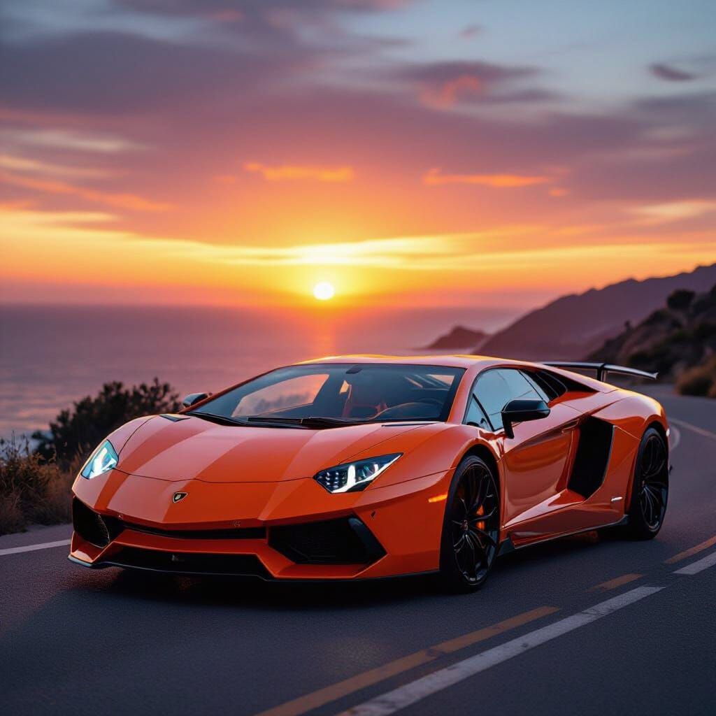 Orange Lamborghini Aventador on Coastal Road at Sunset