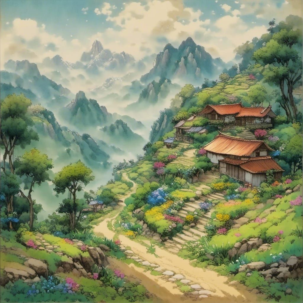 <lora:Artistic 1:1.0> Landscape, mountains in background,  a...