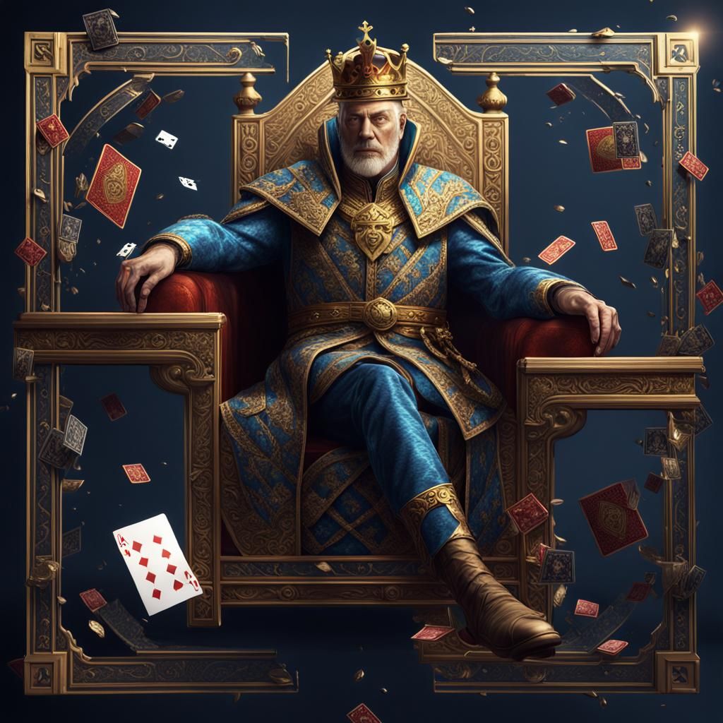 King male reaching out of King card with deck of cards surro...
