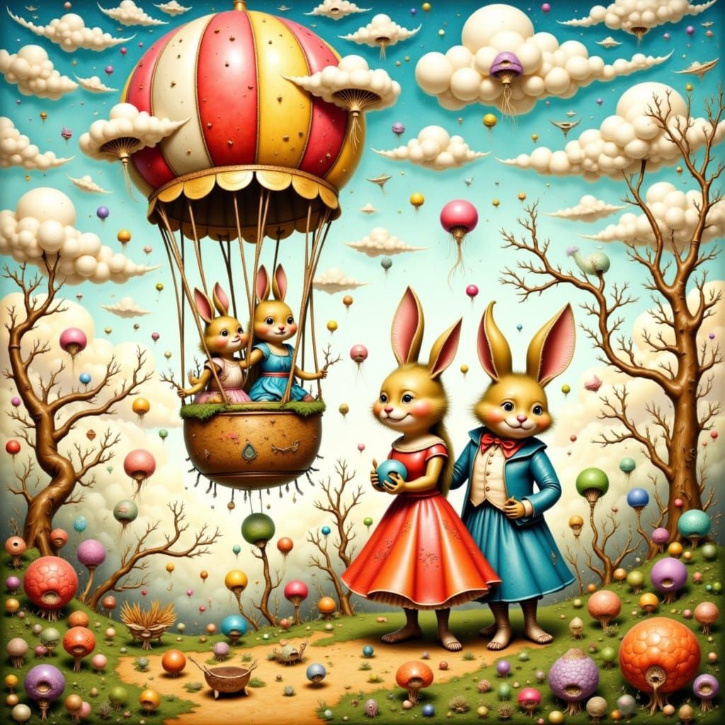 <lora:Surreal scenes:1.0> Hot Air Balloon floating in the sky with a happy Woodland Creature and friends inside ,Mixed Media