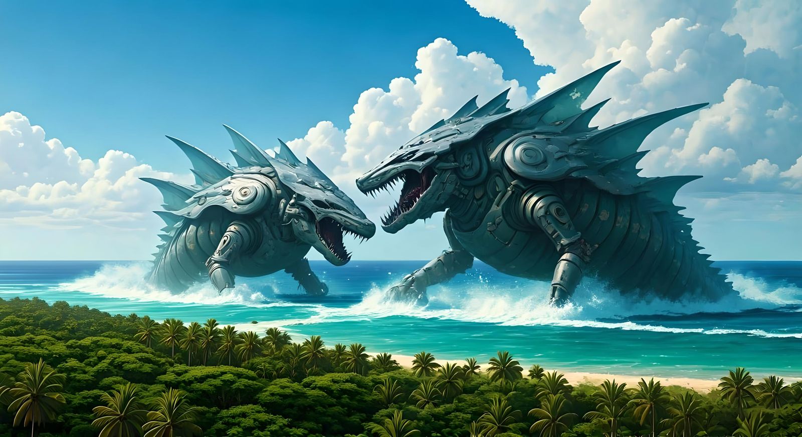 2 massive Mecha beasts Fighting each other in the sea near  the mai' ao islands. flooding the island ...  by @Bennie Ball