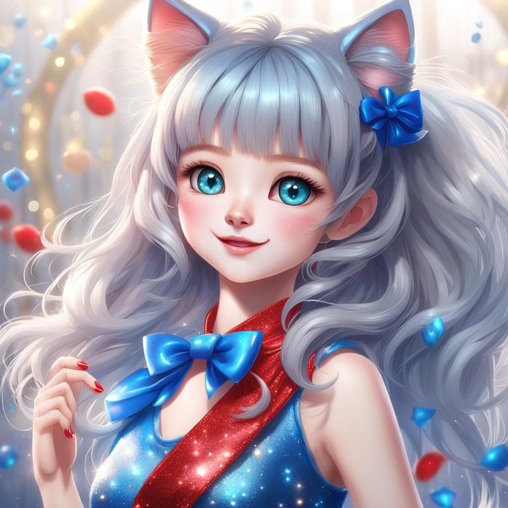3D, realistic, colourful, Beautiful cute cat girl, blue eye ...