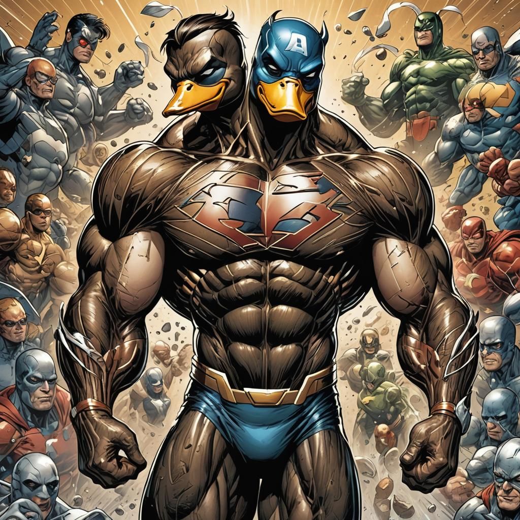 a duck in human body, with muscles and a superhero costume

...