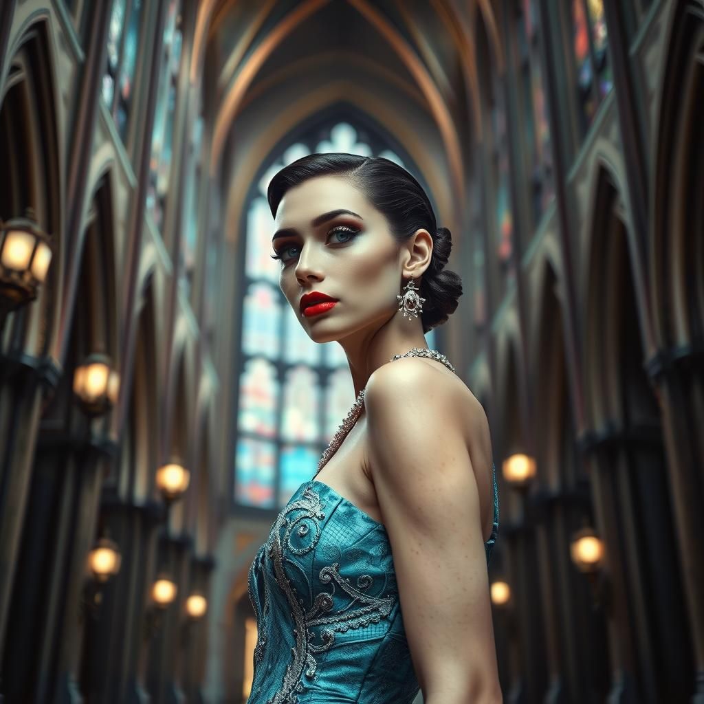 slender Art Deco Haute couture fashion model, photo shoot in grand gothic cathedral, intricate details, HDR, beautifully shot, hyperrealisti...