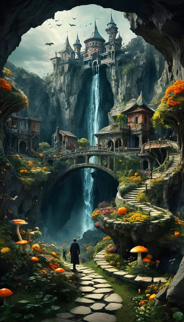 abstract realism  oil painting art style, 3D render, realistic human, Shot View from below, Lost Cities Inside gigantic long cavern, ruines ...