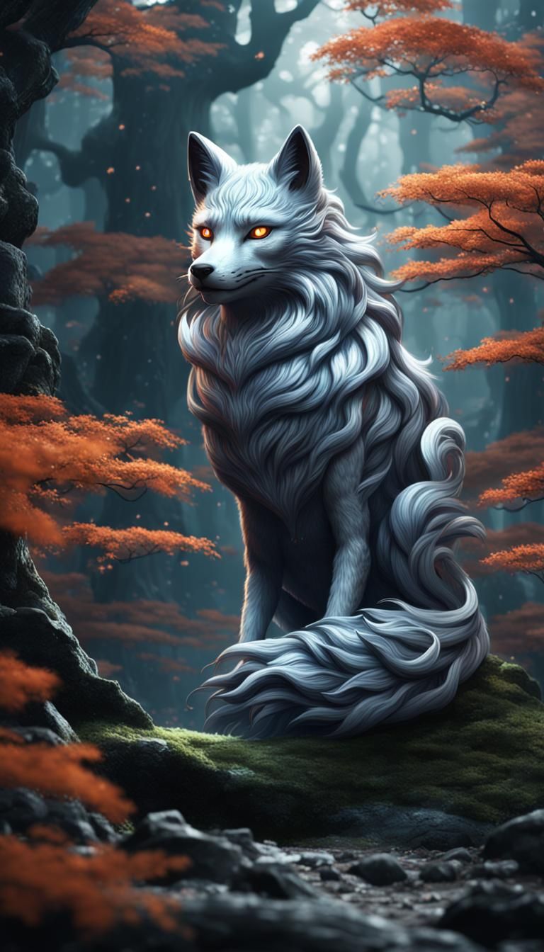 Silver nine tailed fox spirit Japanese in forest  by @Jaelend