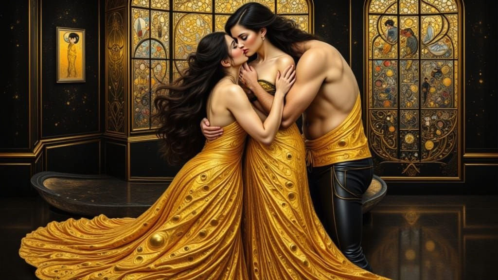 Sensual Kiss in Gallery, Dadaist Overlay