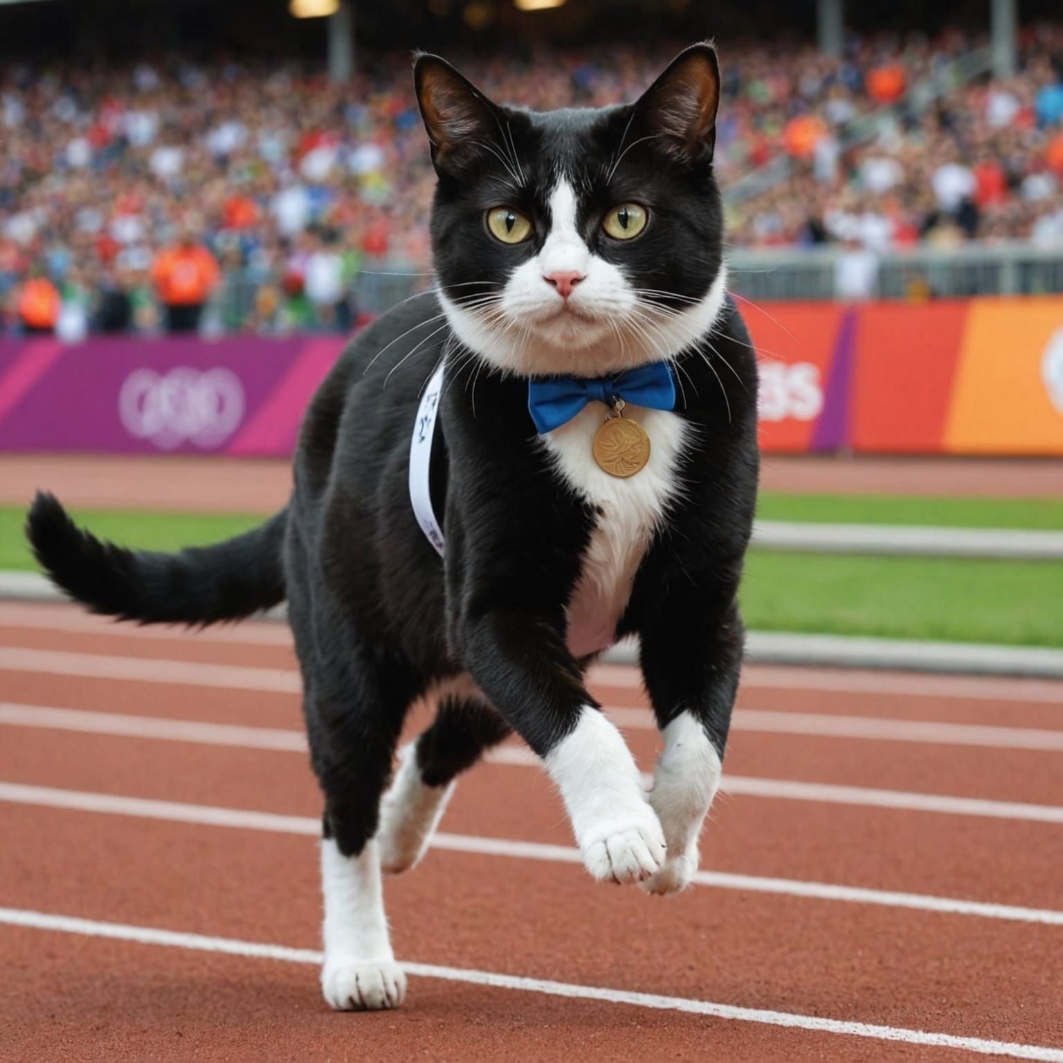 A tuxedo cat Olympic sprinter