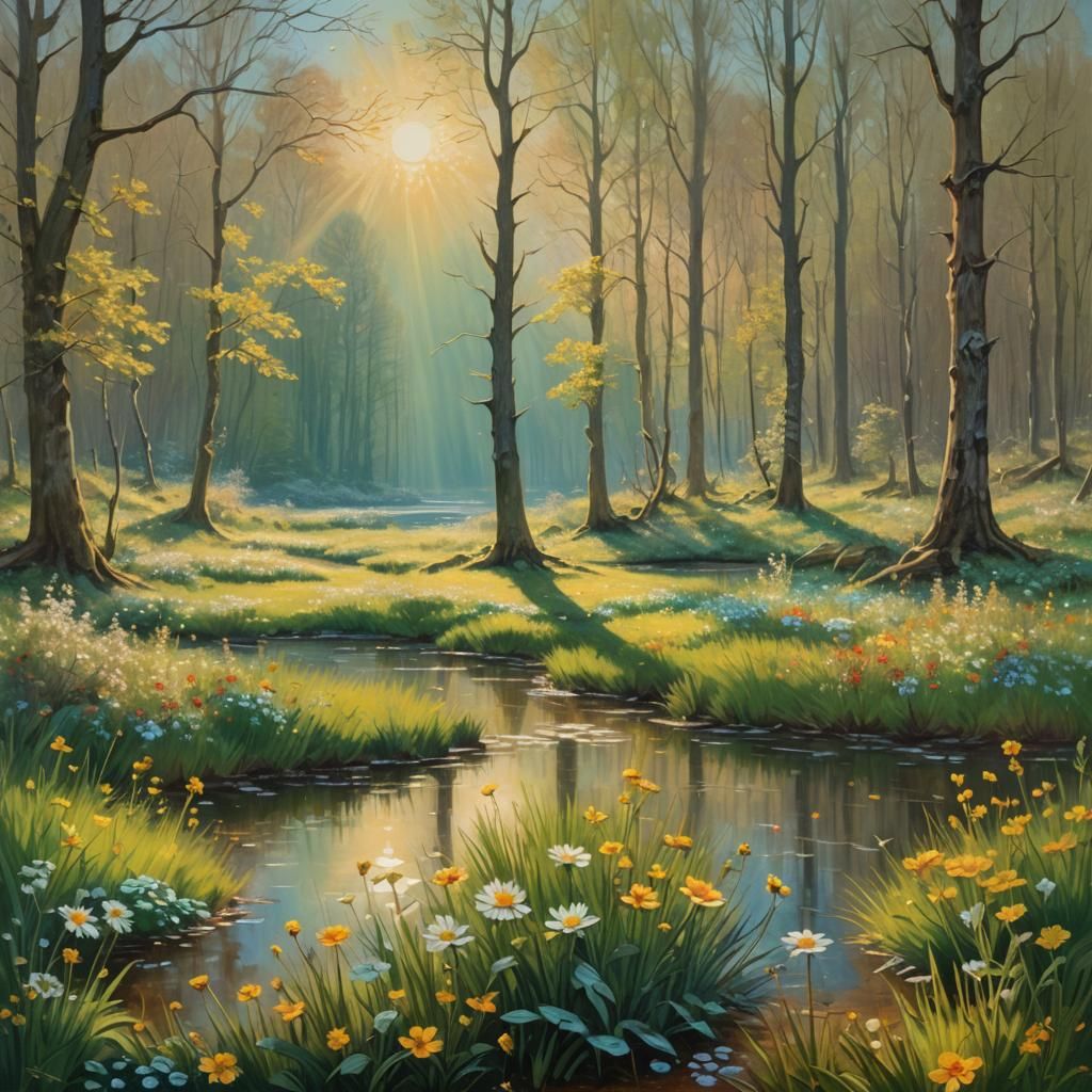 Noon on a blooming meadow in a forest glade, sun rays playin...