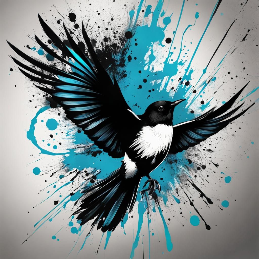 perfect swirling oriental magpie, black and white splatter a...