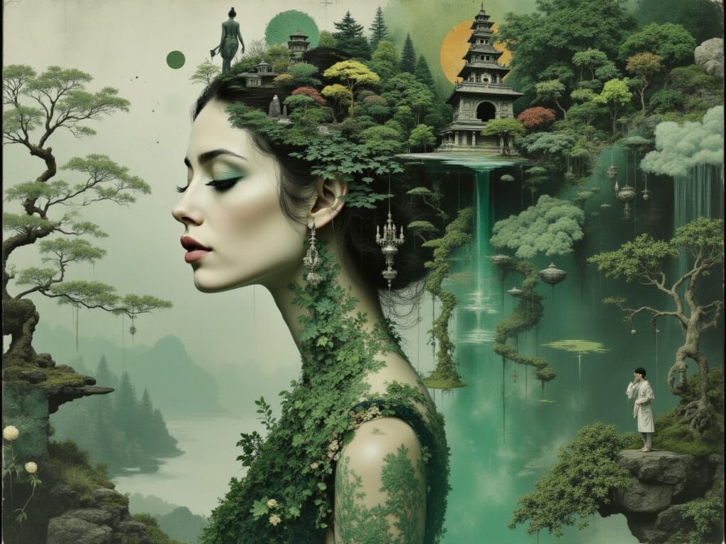 <lora:Umbratic:1.0> A surreal side profile portrait of a woman facing left with one deep jade eye that holds ancient forest wisdom. Her elon...