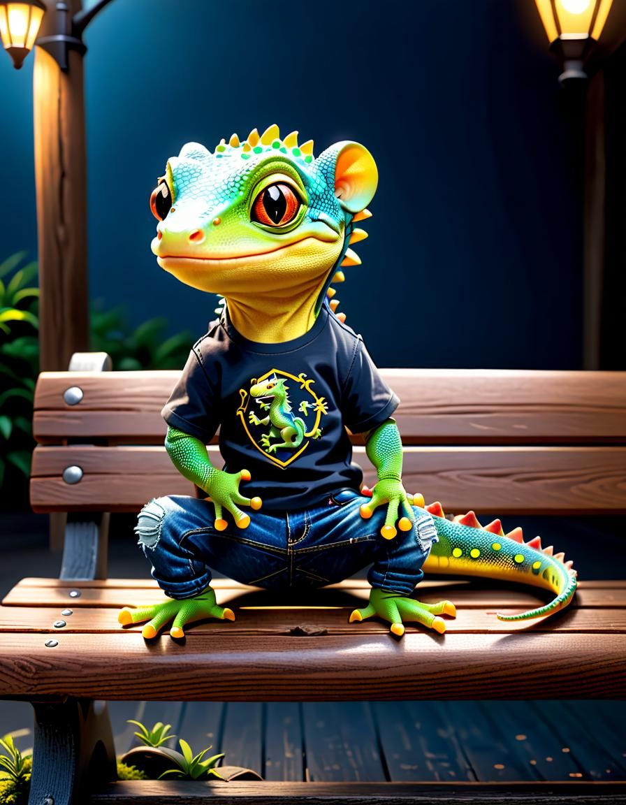 Cute anthropomorphic gecko with dragon scales, dressed jeans...