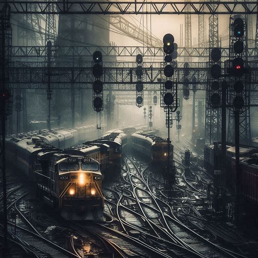 A bustling train yard