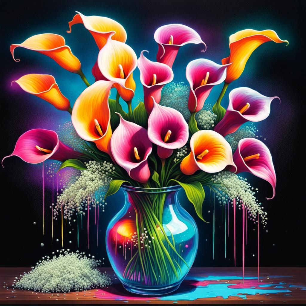 colorful Calla Lillies and baby's breath in a vase, graffiti...