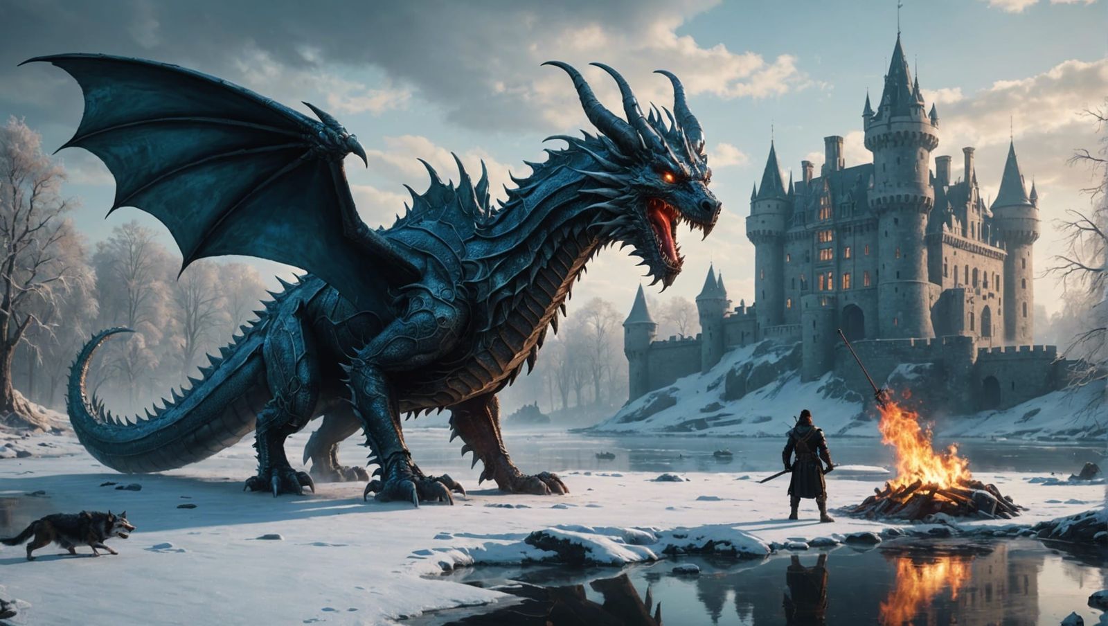 Hyperrealistic image of a  cyberpunk Dragon guarding an 17th...