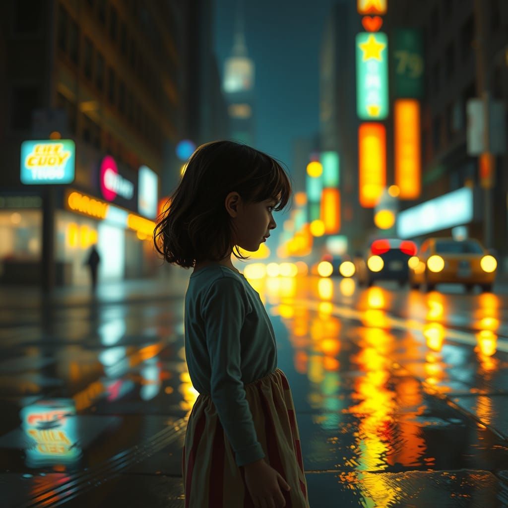 A child explores reflections on rainy streets.
Her thoughts blur into glowing city shapes.
Reality and imagination quietly blend together.