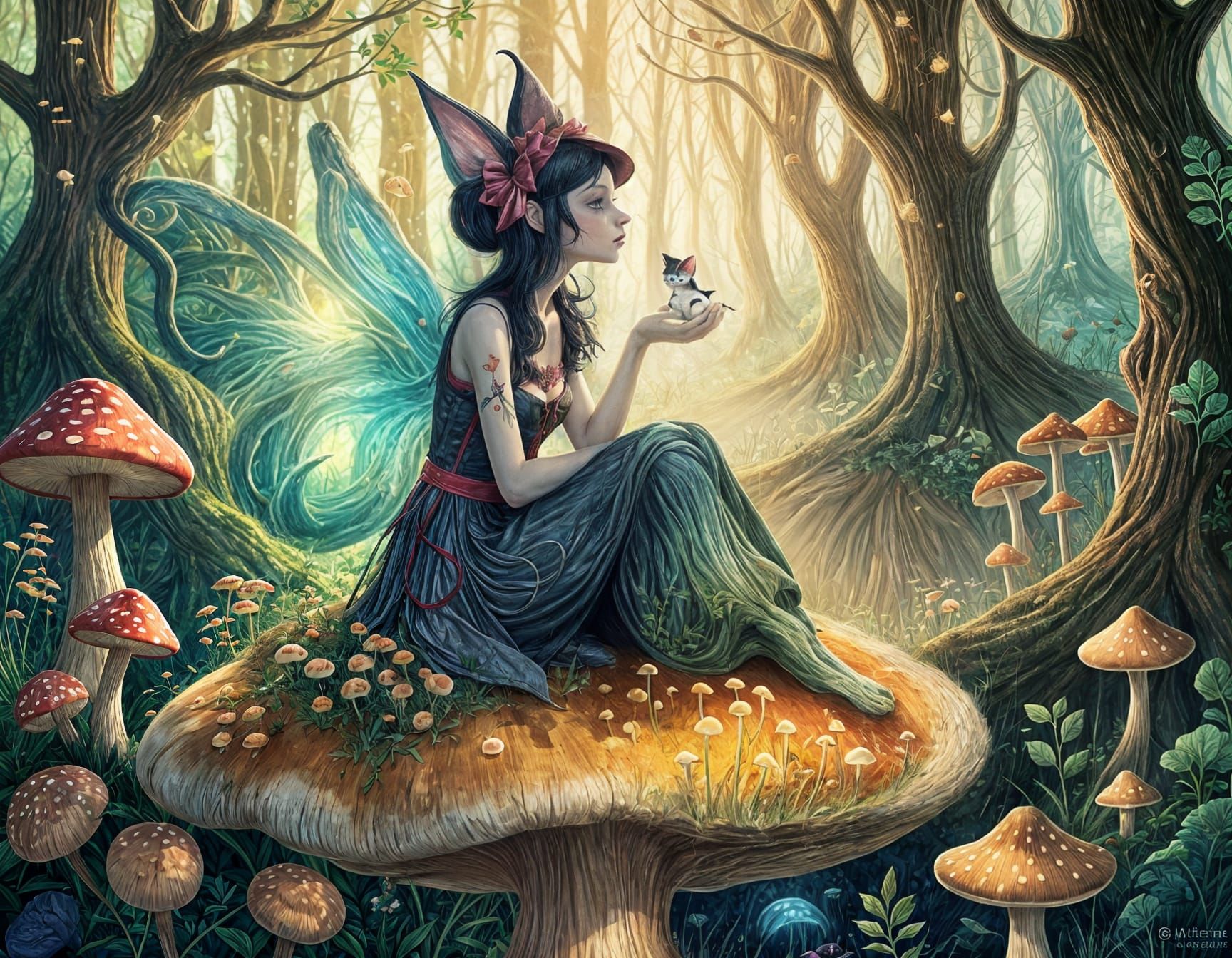 a Cait Sith plotting mischief in a faerie forest