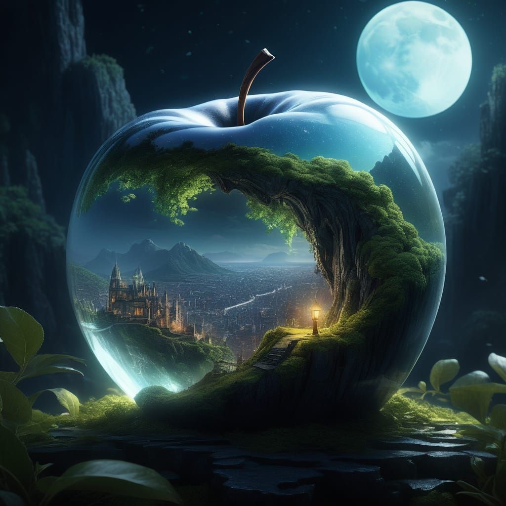 a shiny glistening half bitten glass apple, moonlight, insanely detailed, Studio Ghibli, Cyberpunk beautiful ...  by @Kindly Offer