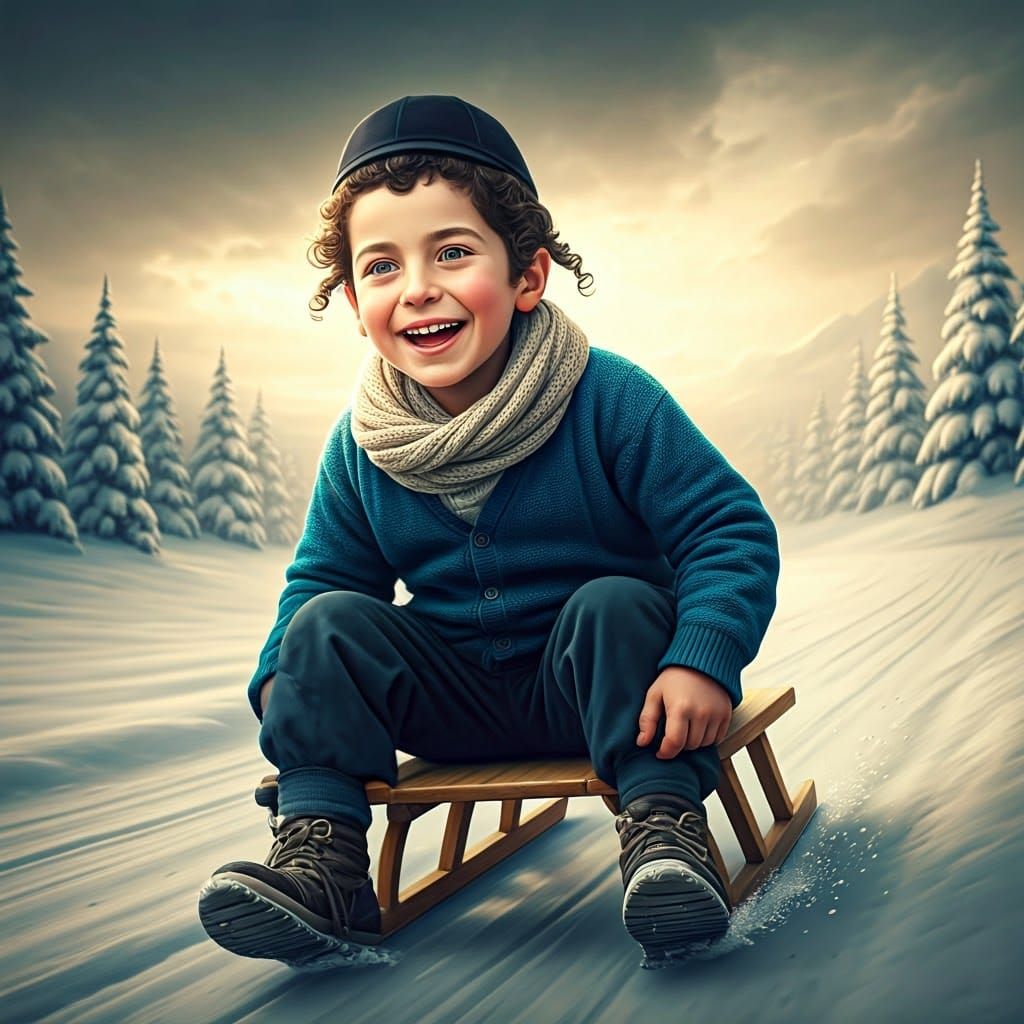 Traditional Chassidic Boy Joyfully Sledding Down a Snowy Hil...