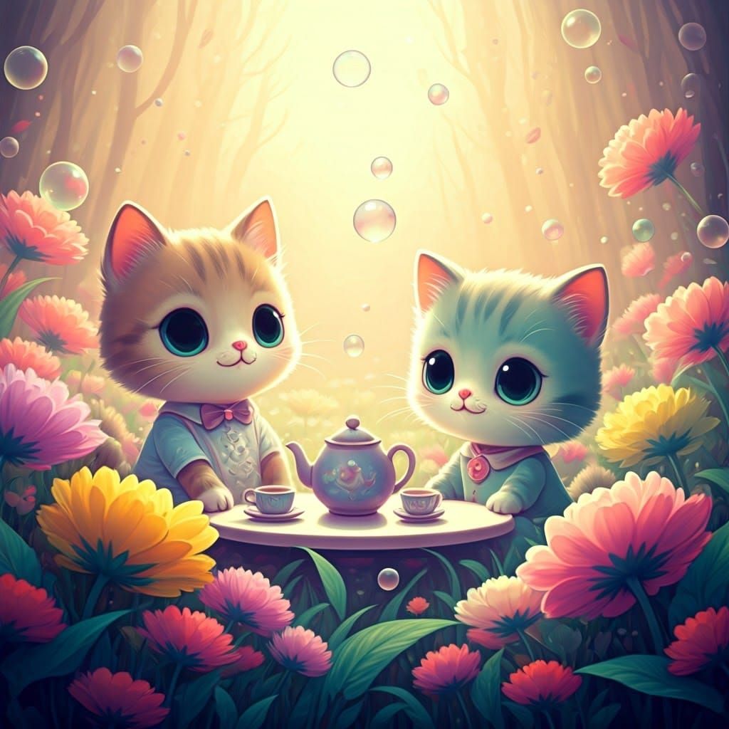 Kawaii art. Full shot. A group of adorable cartoon cats in pastel outfits have a tea party in a field ...  by @HIKER