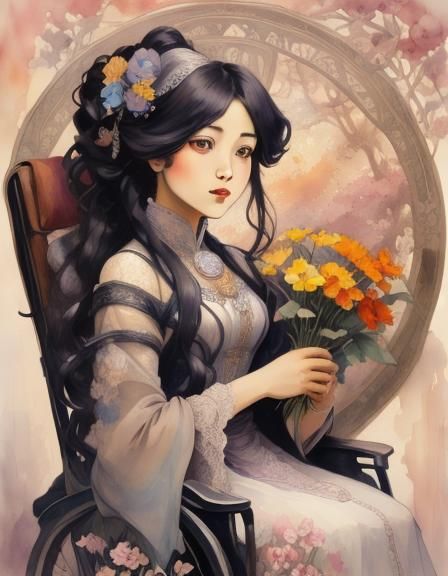 A beautiful woman surrounded by flowers,<lora:Art Nouveau:1.0>, perfectly drawn face, watercolor art, art nouveau, Alphonse Mucha