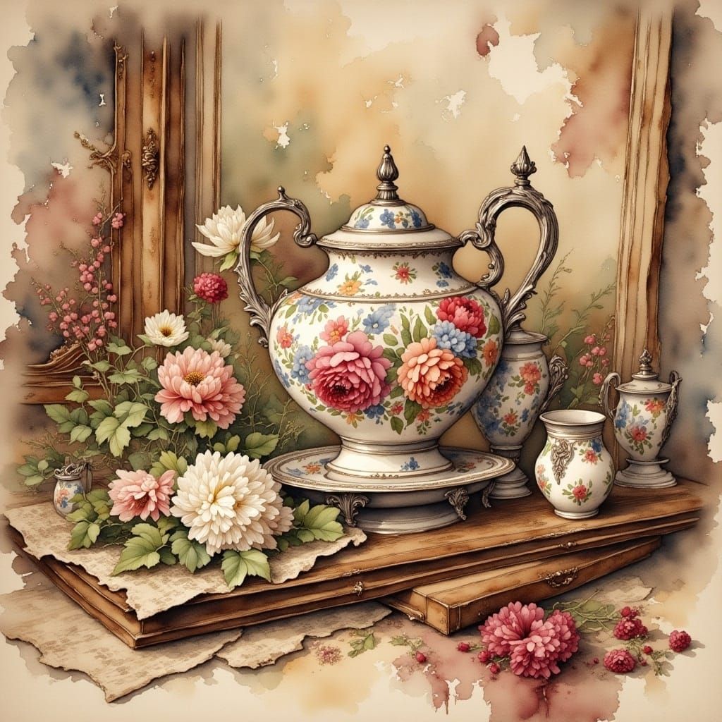 <lora:Antique Watercolor 2:1.0> beautiful stunning Victorian vintage still life gritty grunge antique watercolor style with a touch of Impa...