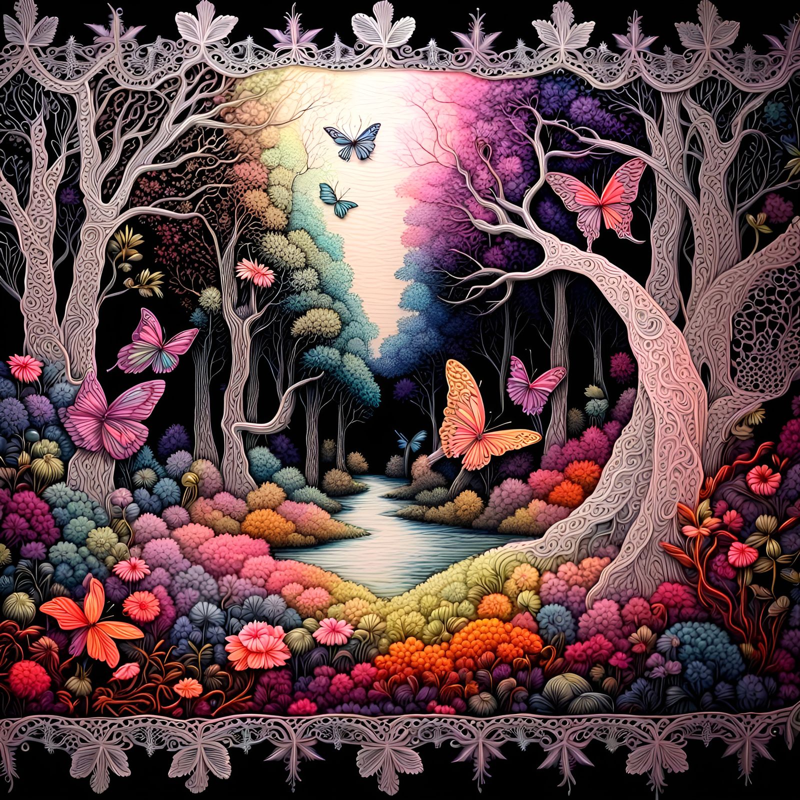 Prismatic neon painted on black velvet,  Fantasy fairy fores...