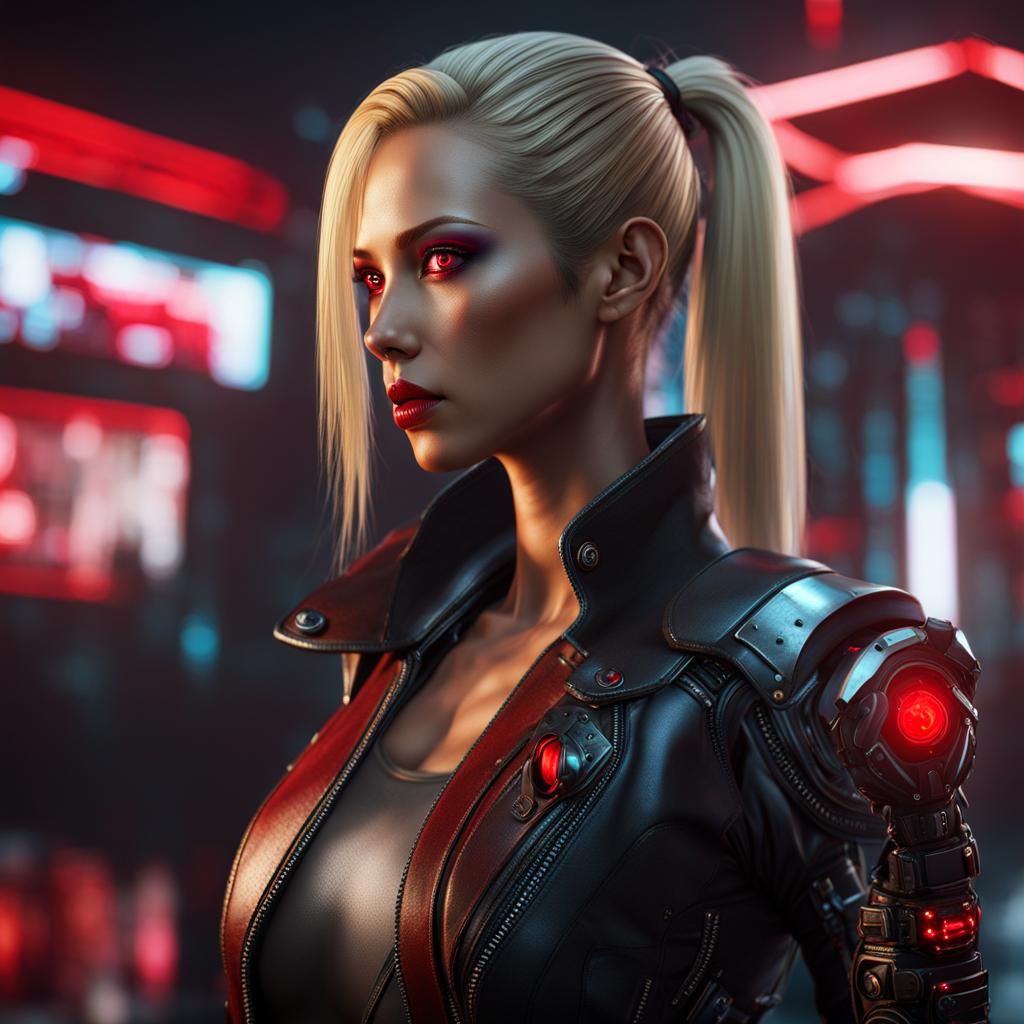 Cybernetic fembot, blonde ponytail, red cyberpunk eyes, leat...