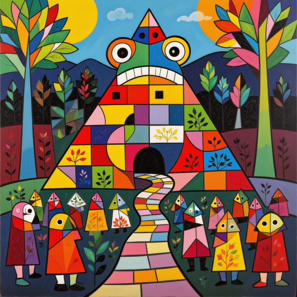 <lora:PYRAMID FLORA:1.0> A monstrous giant toad with a fox bride surrounded by priests wearing toad masks, deep in a forest. Medium shot. Th...