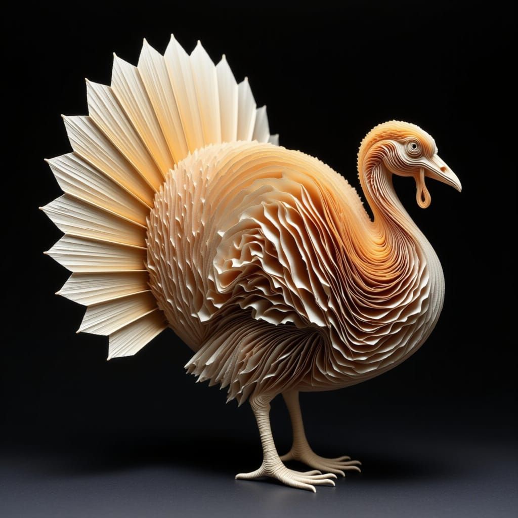 <lora:layers:1.0> turkey with fluffed tail, made of corrugated multilayer cardboard. Gradual transition of shades from the lightest to the d...