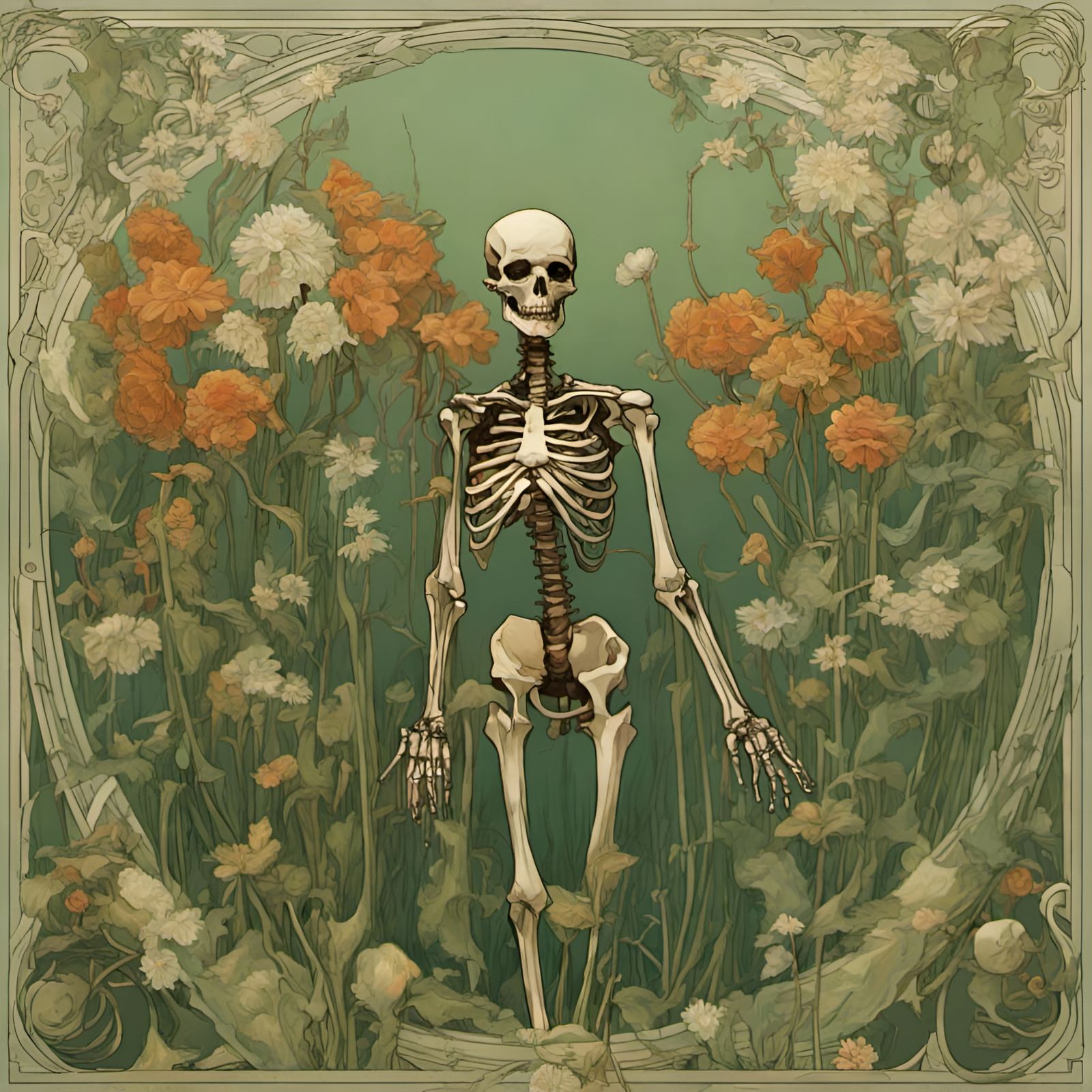 a green field with skeletons and flowers, in the style of [jon foster ...