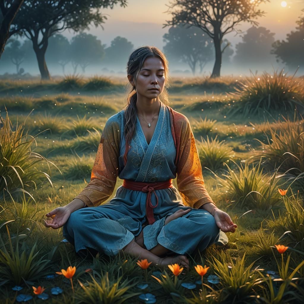 create a visually engaging a modern, and welcoming picture of a`` square´´ with grass at dawn. There's a figure of a ``modern woman´´ sittin...
