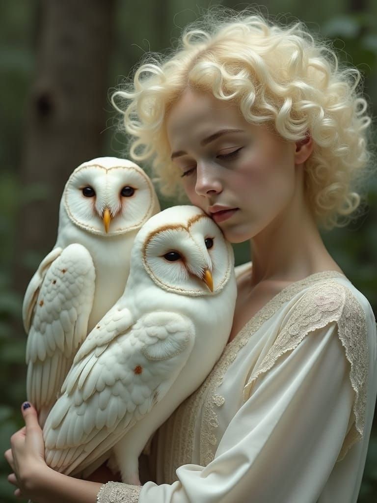 Portrait of a young woman representing ethereal beauty, gently cradling her owls.  by @Arcaena Poulain