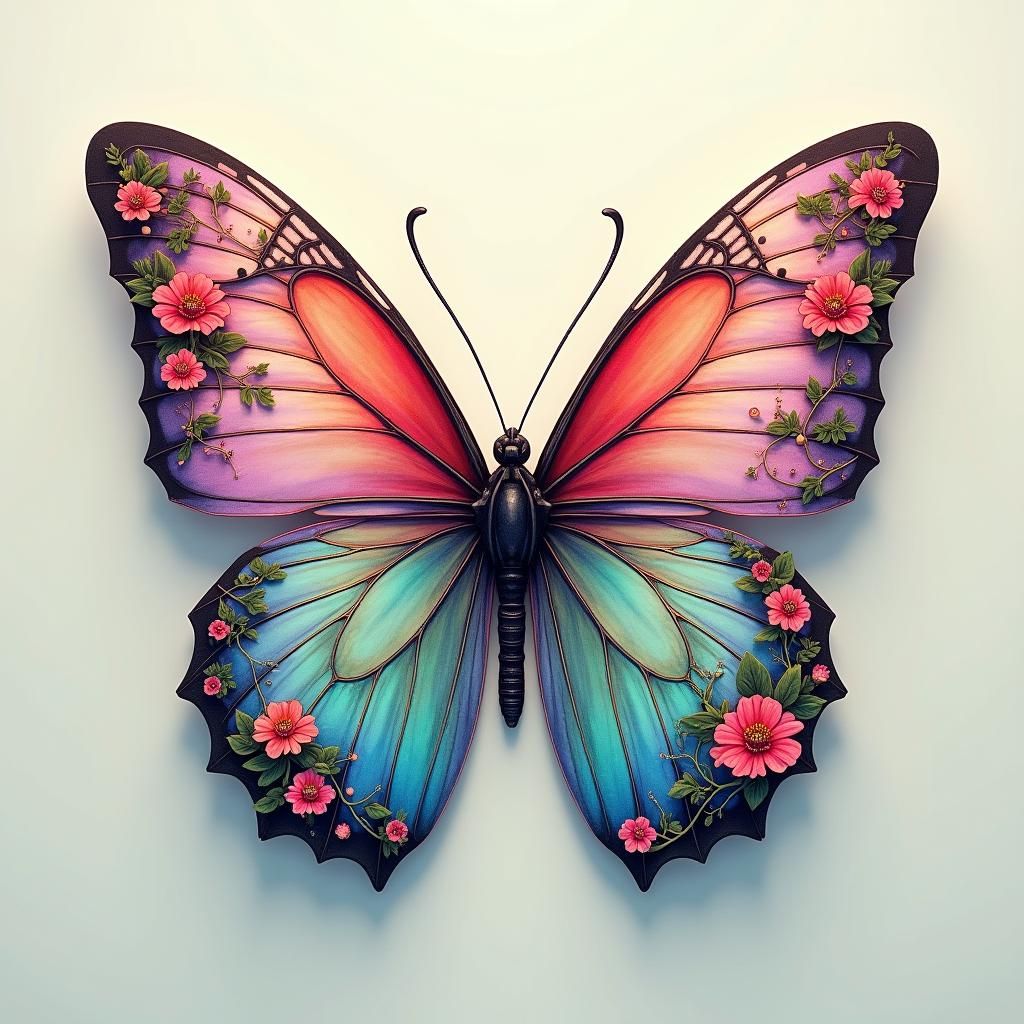 Butterfly with illustrations of flowers are drawn in the wings