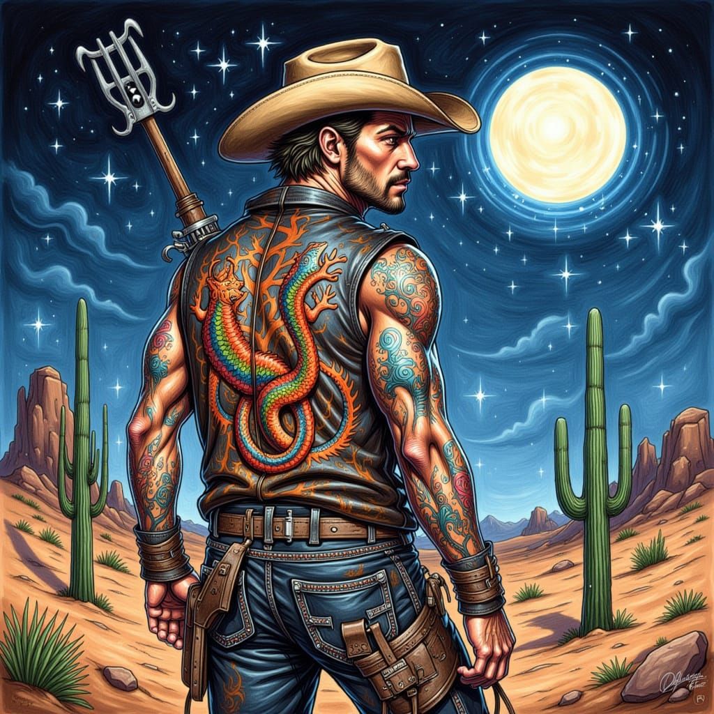 Rugged cowboy in desert, wearing worn leather clothes, under moonlight, with vibrant dragon, lizard, and snake tattoos, in a wet on wet wate...