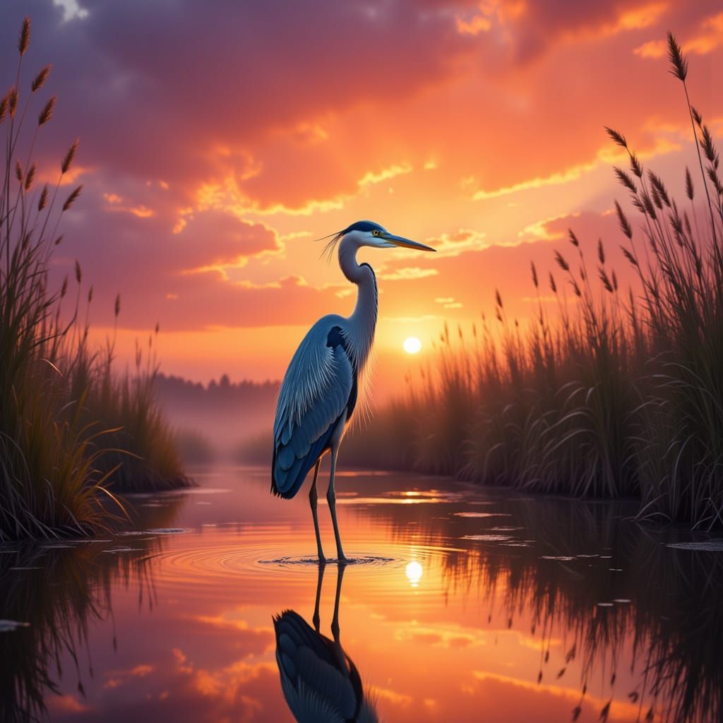 <lora:Heron:1.0>vibrant sunset pond endangered heron tim flach style